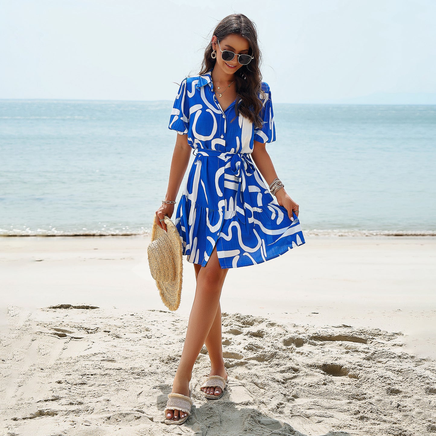 Glamorous Classic Elegant Geometric Printed Sleeve Dress