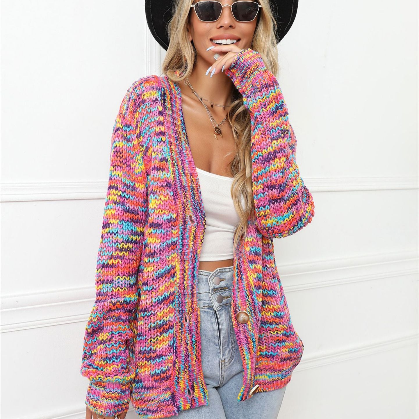 Winter Rainbow Mixed Color Festival Dyed Knitted Women's Sweater
