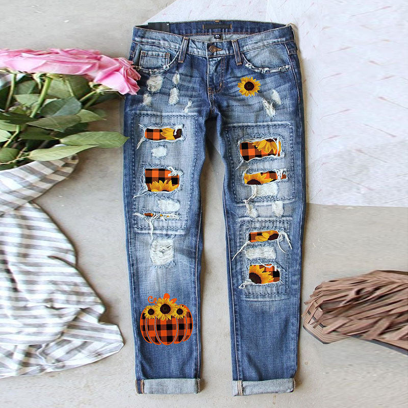 Women's Pumpkin Festival Printed Ripped Straight Denim Jeans
