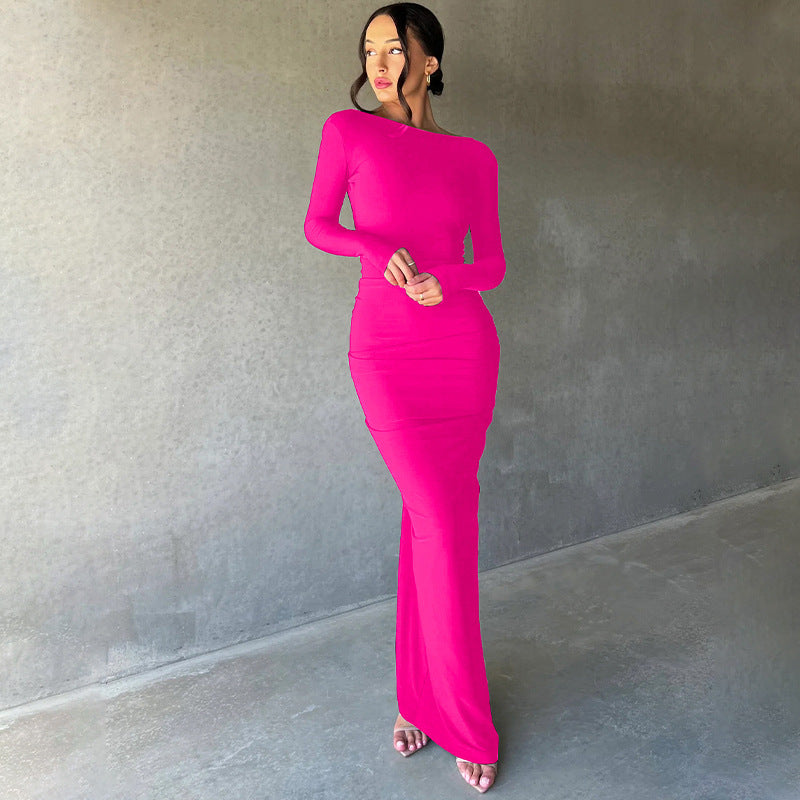 Women's Summer Fashion Sexy Slim Fit Pleated Solid Color Long Dress