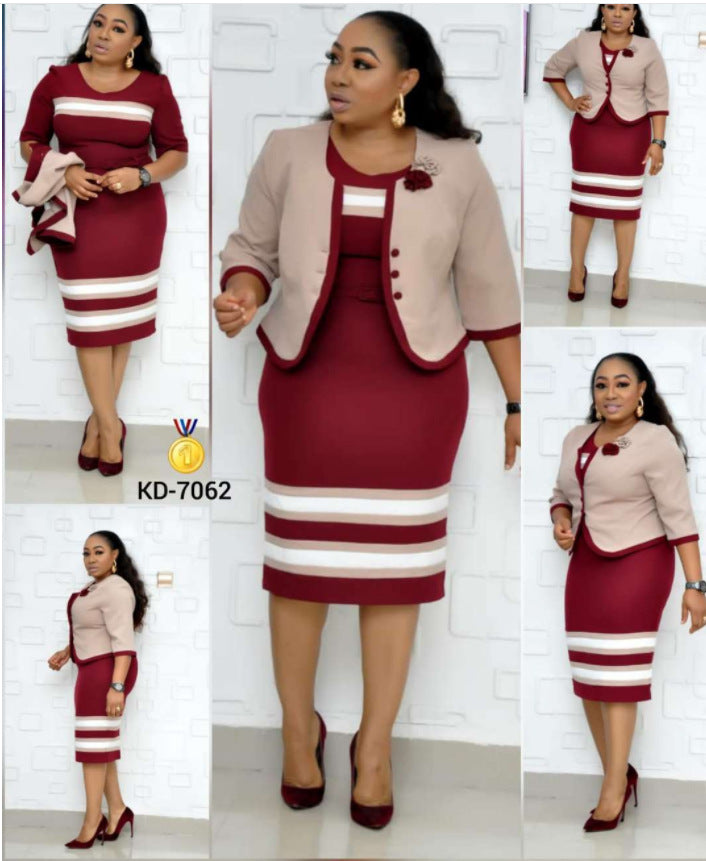 Women's African Striped Button Dress Two-piece Colors Suits