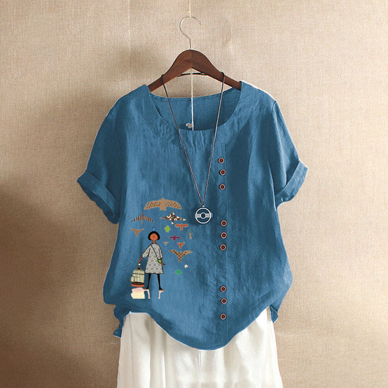 Women's Retro Cotton Linen Printed Casual Shirt Blouses
