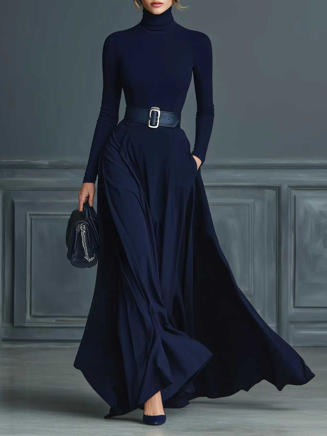 Women's Color Long Sleeve High Collar Large Dresses