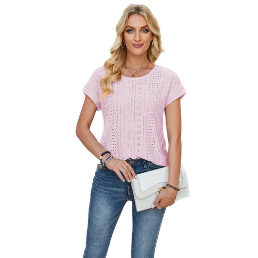 Women's Loose Round Neck Eyelet Lace Solid Blouses