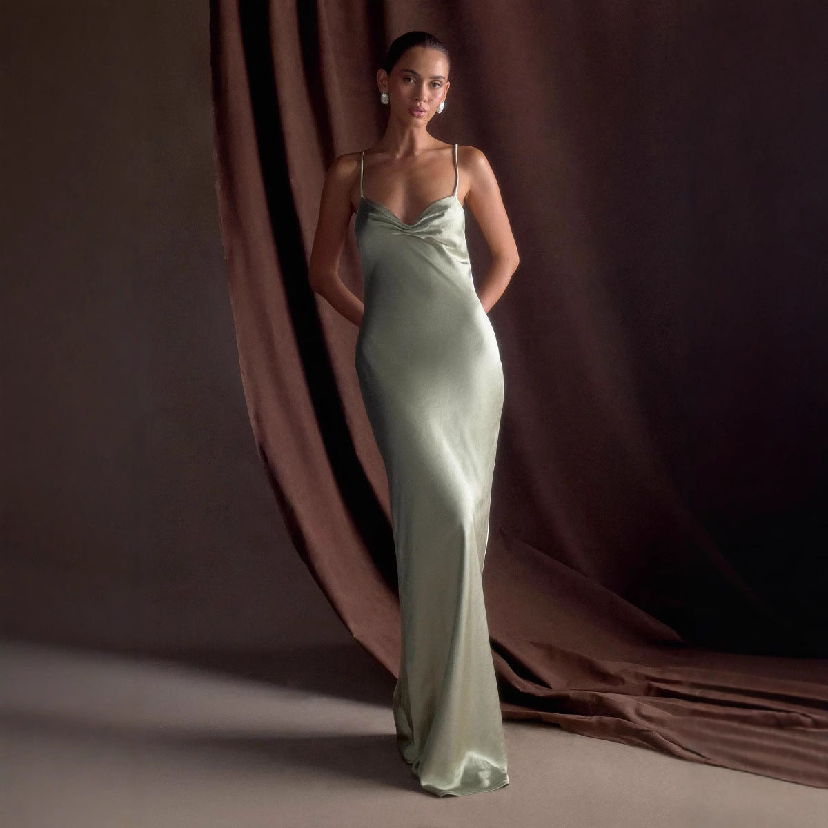 Color Satin Invisible Zipper Pleated Design Draping Sling Dress