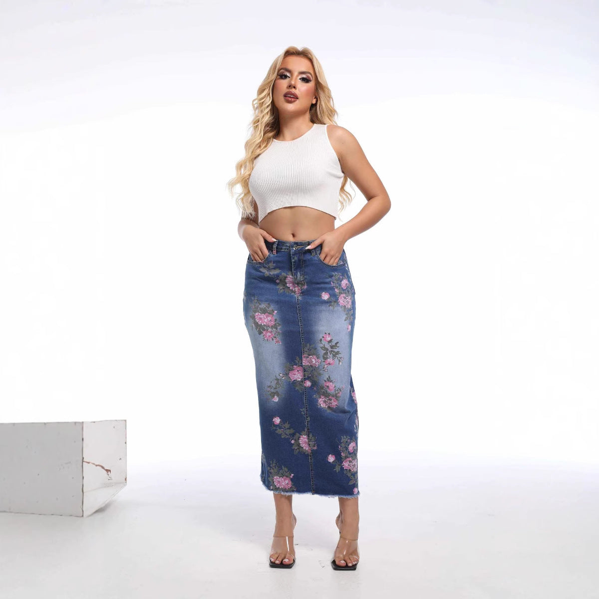 Women's New Printed Midi Denim Dress Skirts