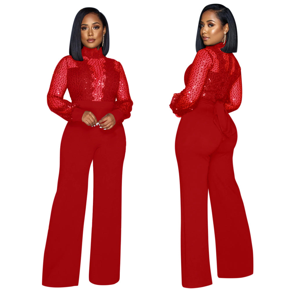 Women's Party Style Turtleneck Sequin Lace Long Pants