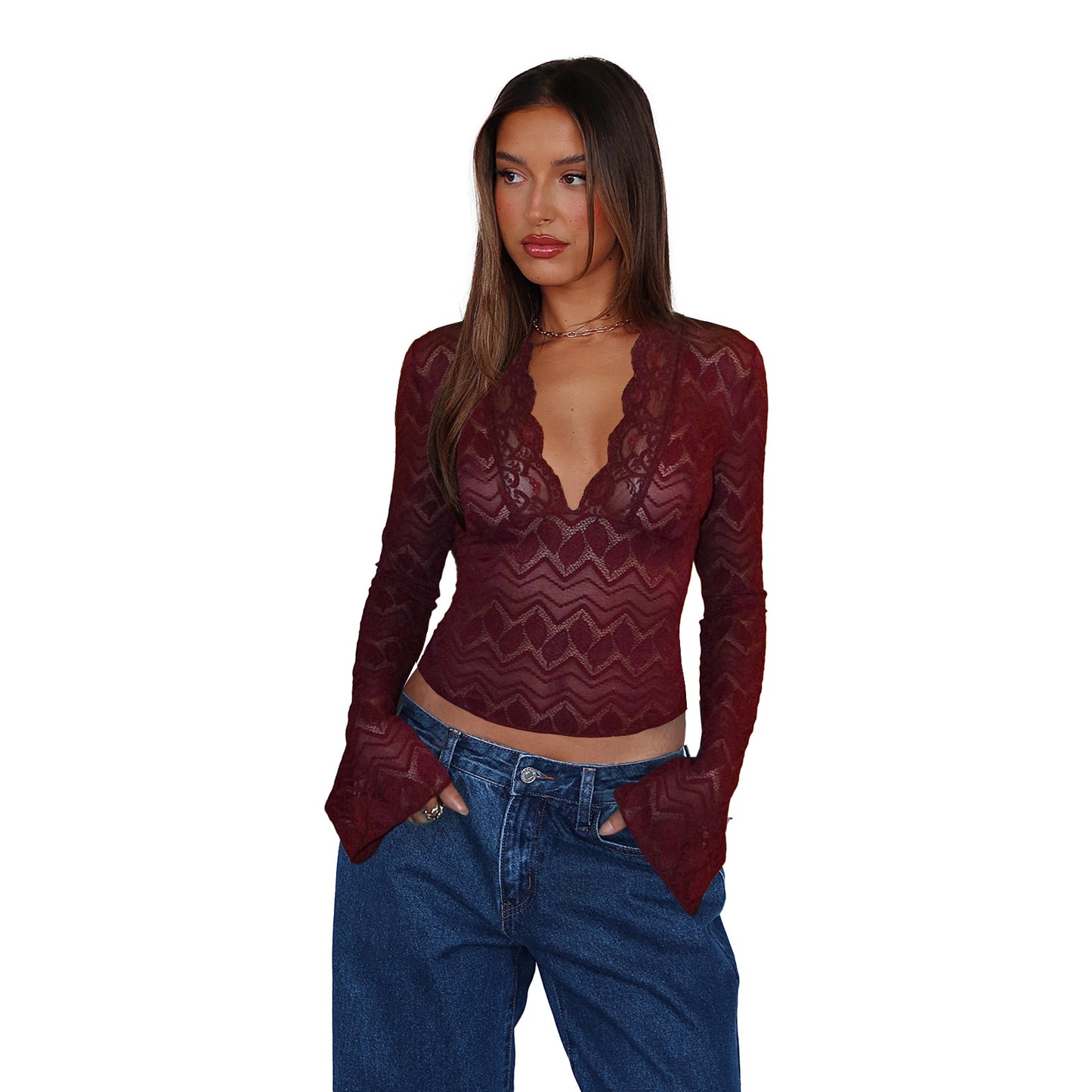 Women's Sexy Deep V Slim Fit Lace Blouses