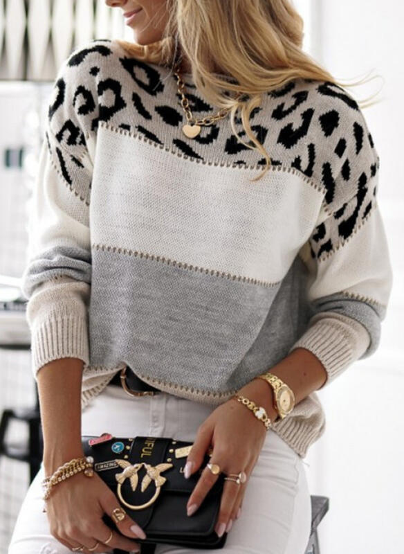 Women's Pullover Long Sleeve Bottoming Shirt Leopard Print Crew Neck Knitwear