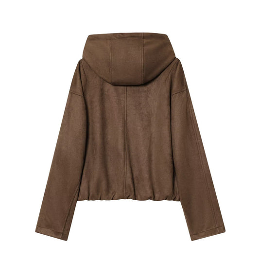 Women's Autumn Hooded Drawstring Zipper Pocket Deerskin Jackets