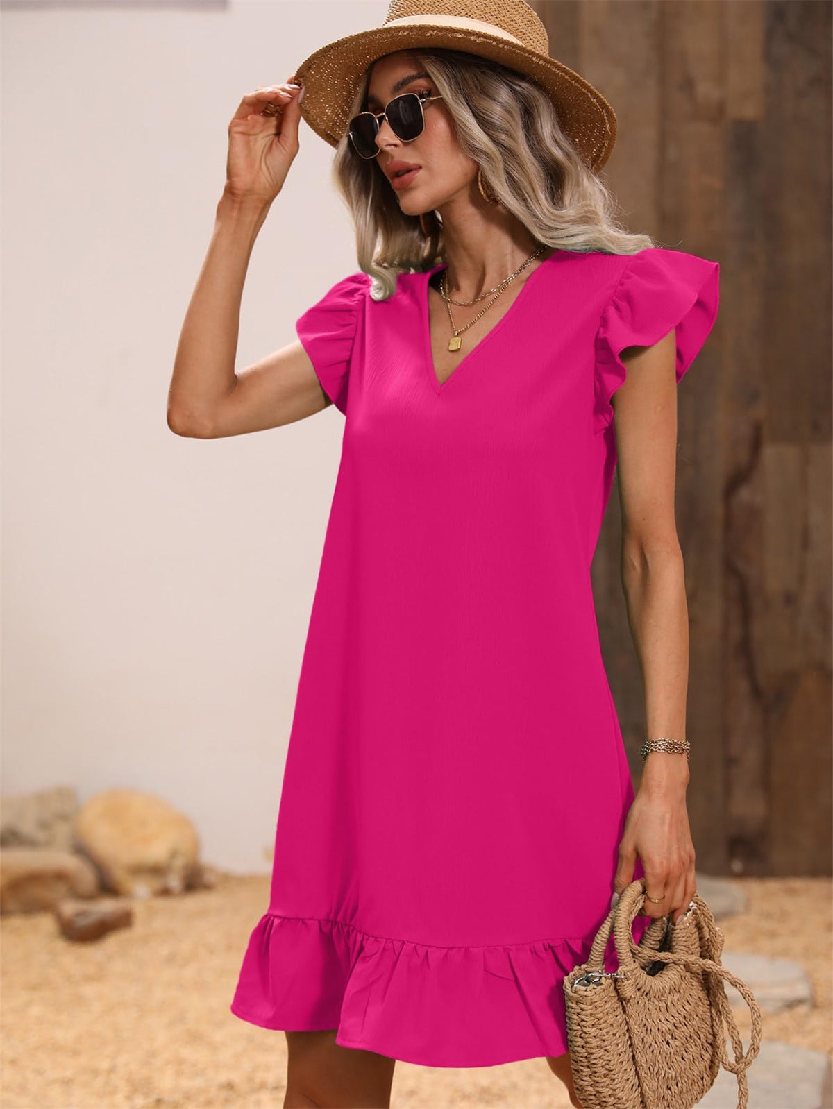 Women's Collar Ruffle Sleeve Loose Waist Dress Dresses