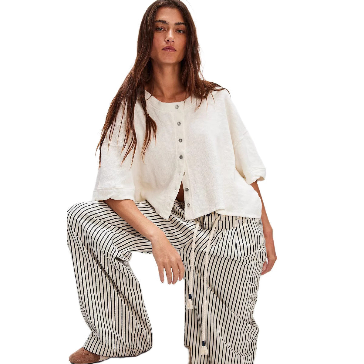 Women's Casual Linen Button Half Sleeve Solid Blouses