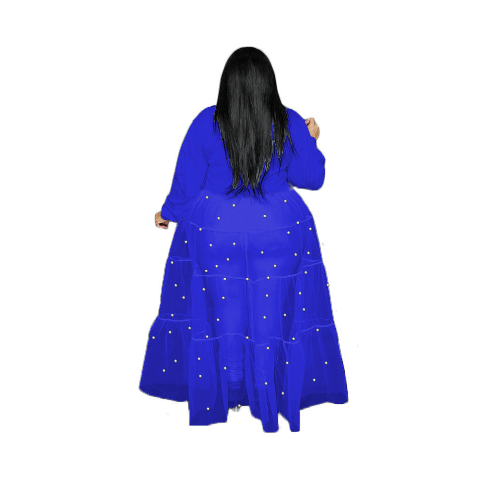 Women's Pearl Mesh Stitching Dress Featured Large Dresses