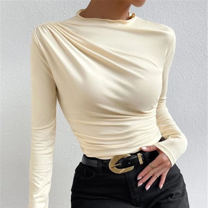 Women's Color Bottoming Shirt Versatile Pleated Design Blouses