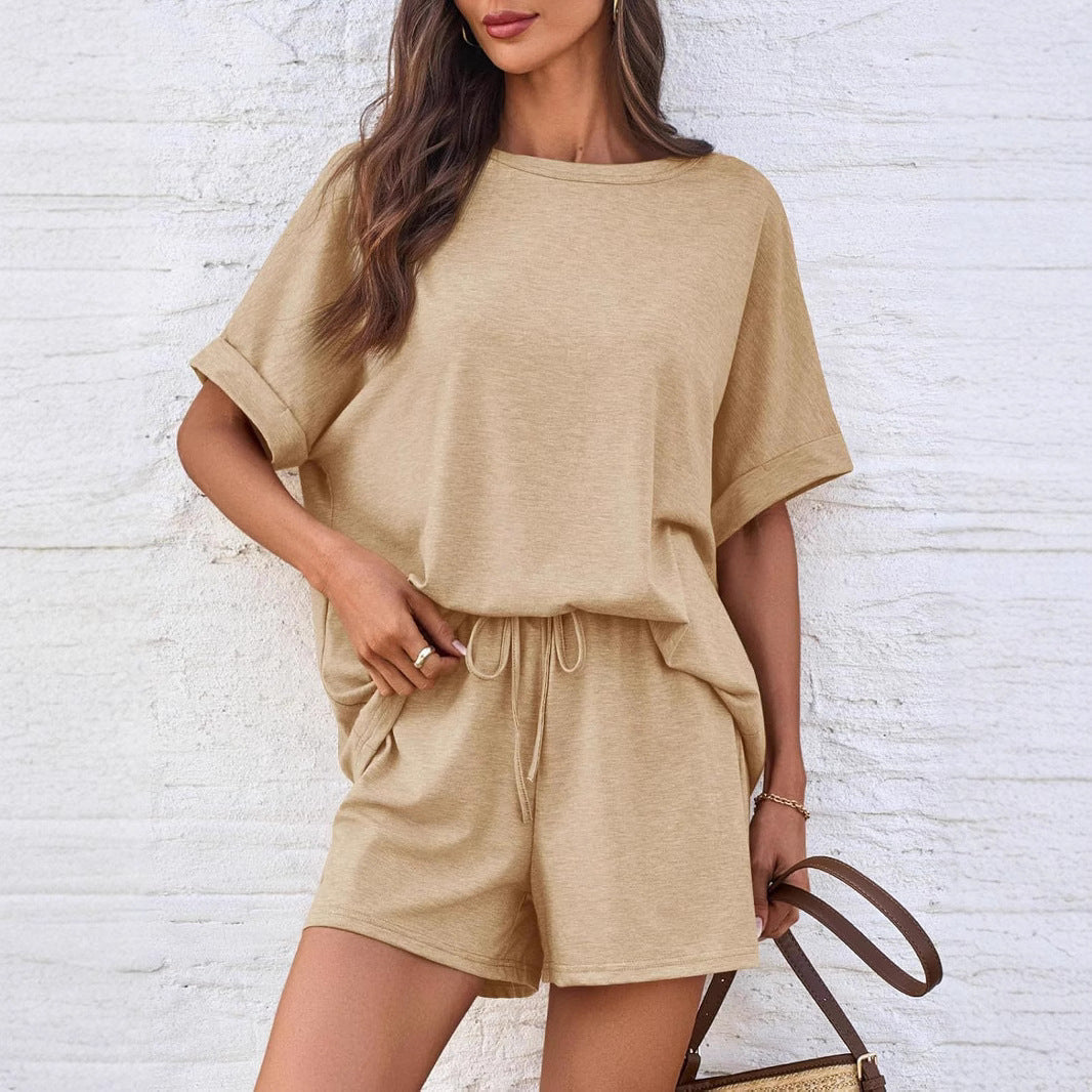 Summer Batwing Sleeve T-shirt Drawstring Sports Shorts