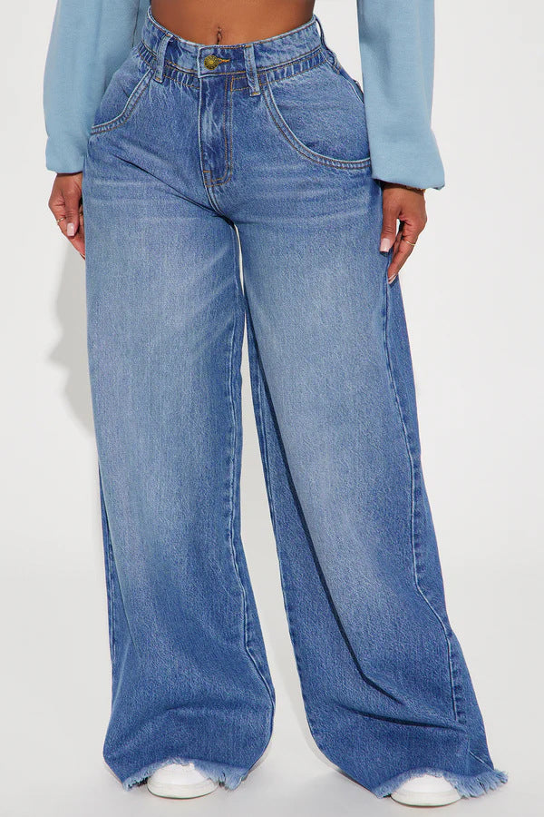 Women's Waist Loose Design High Raw Hem Wide Jeans