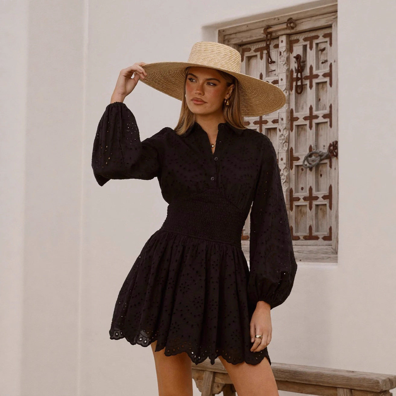 Women's Autumn Fashion Buttons Waist Smocking Tight Dresses