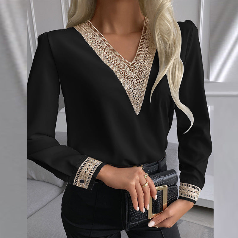 Women's Fashion Lace Shirt Solid Color Stitching Blouses