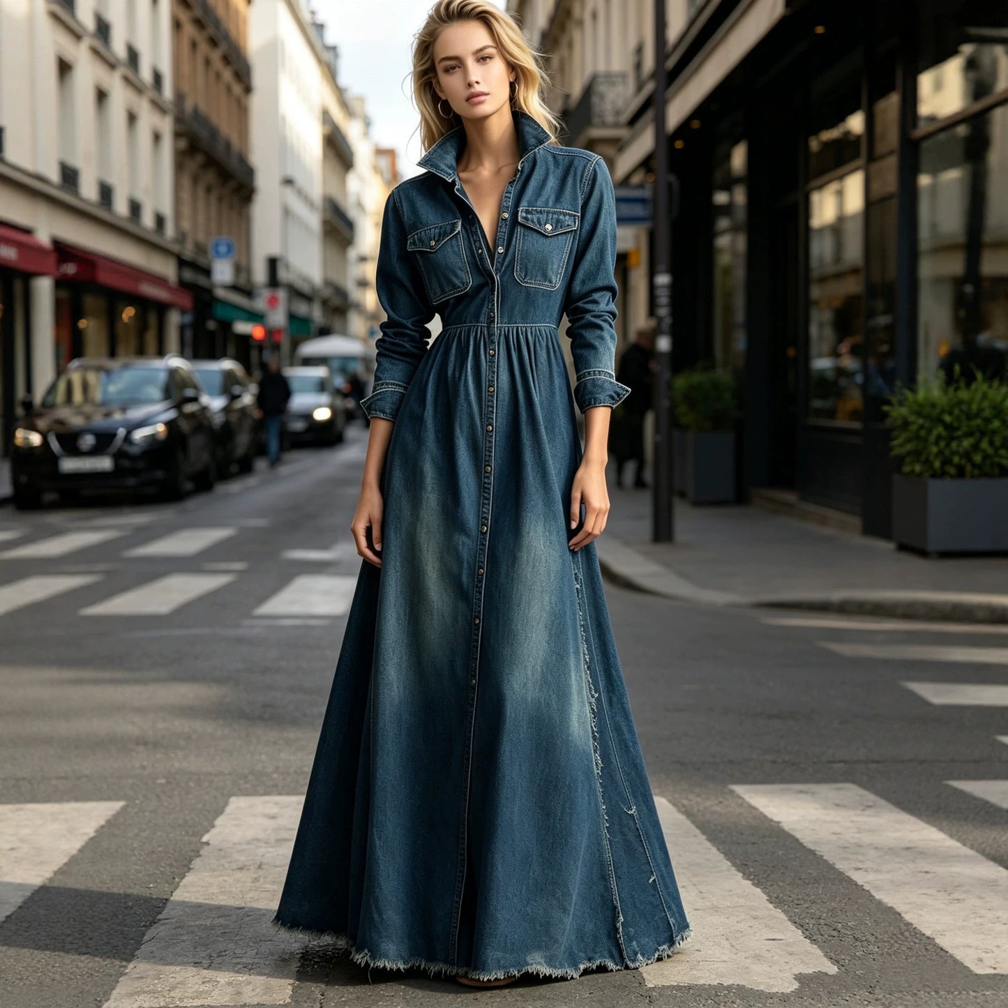 Slimming Retro Temperament Long Sleeve Denim Dress