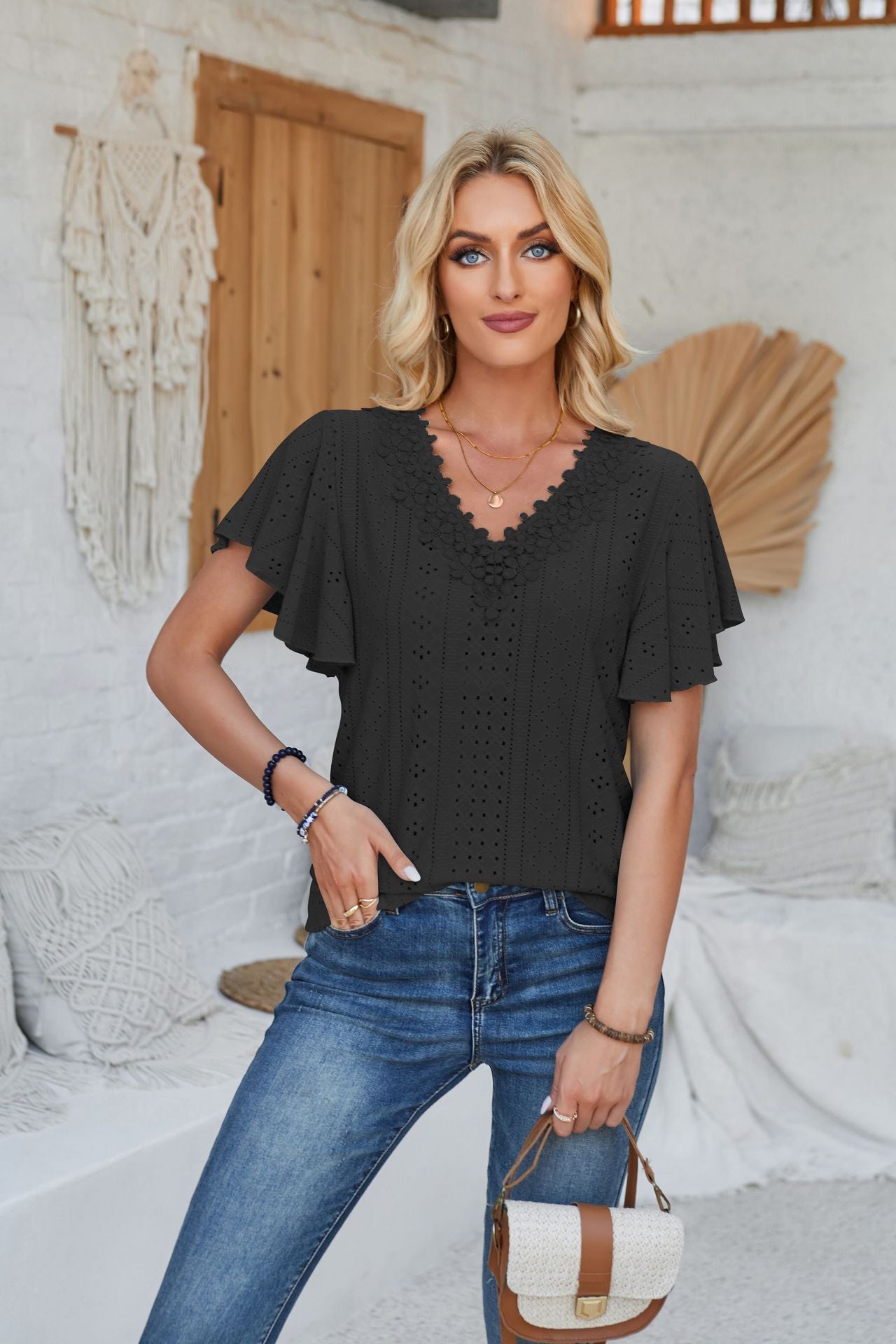 Women's Lace Ruffle Solid Color Loose T-shirt Blouses
