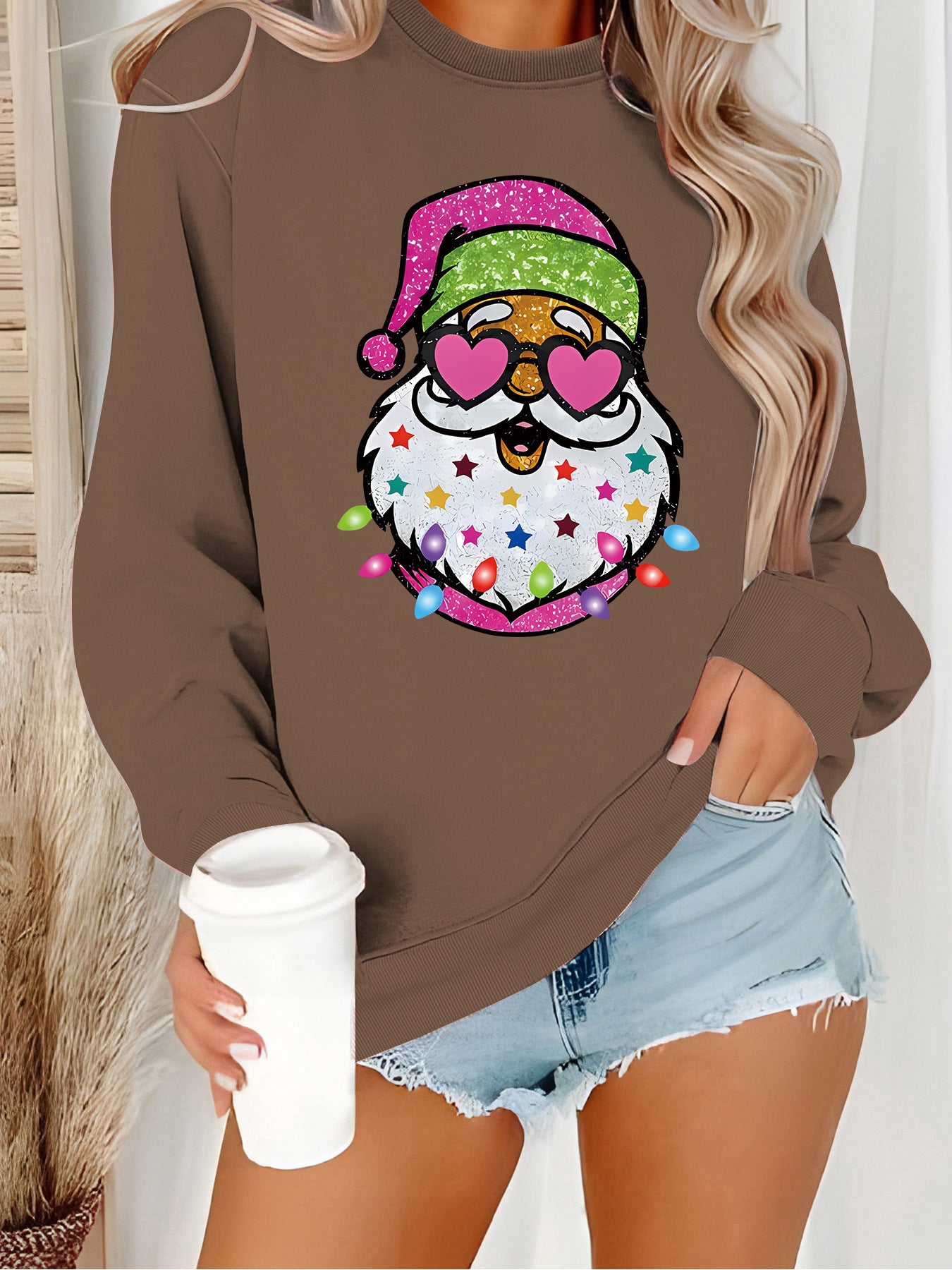 Women's Claus Graphic Print Crew Neck Casual Long Women's Sweater, Sweater