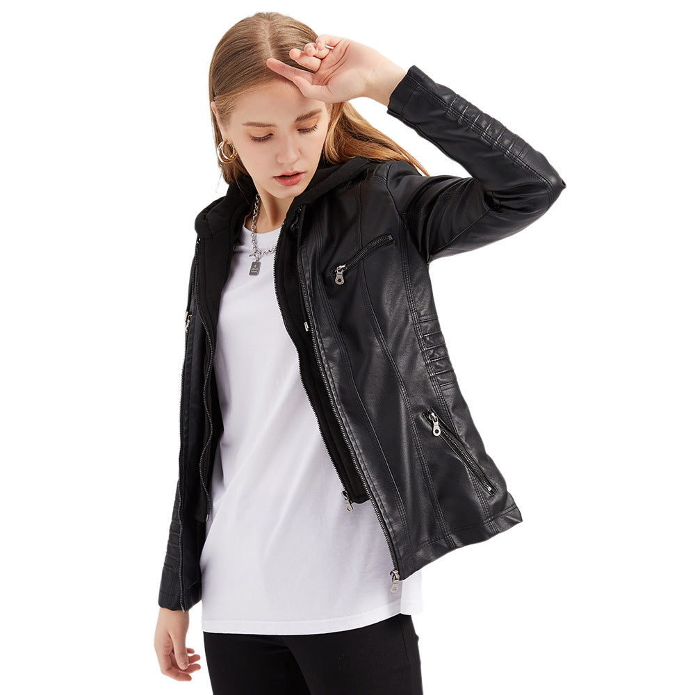 Women's Hooded Leather Two-piece Detachable Large For Jackets