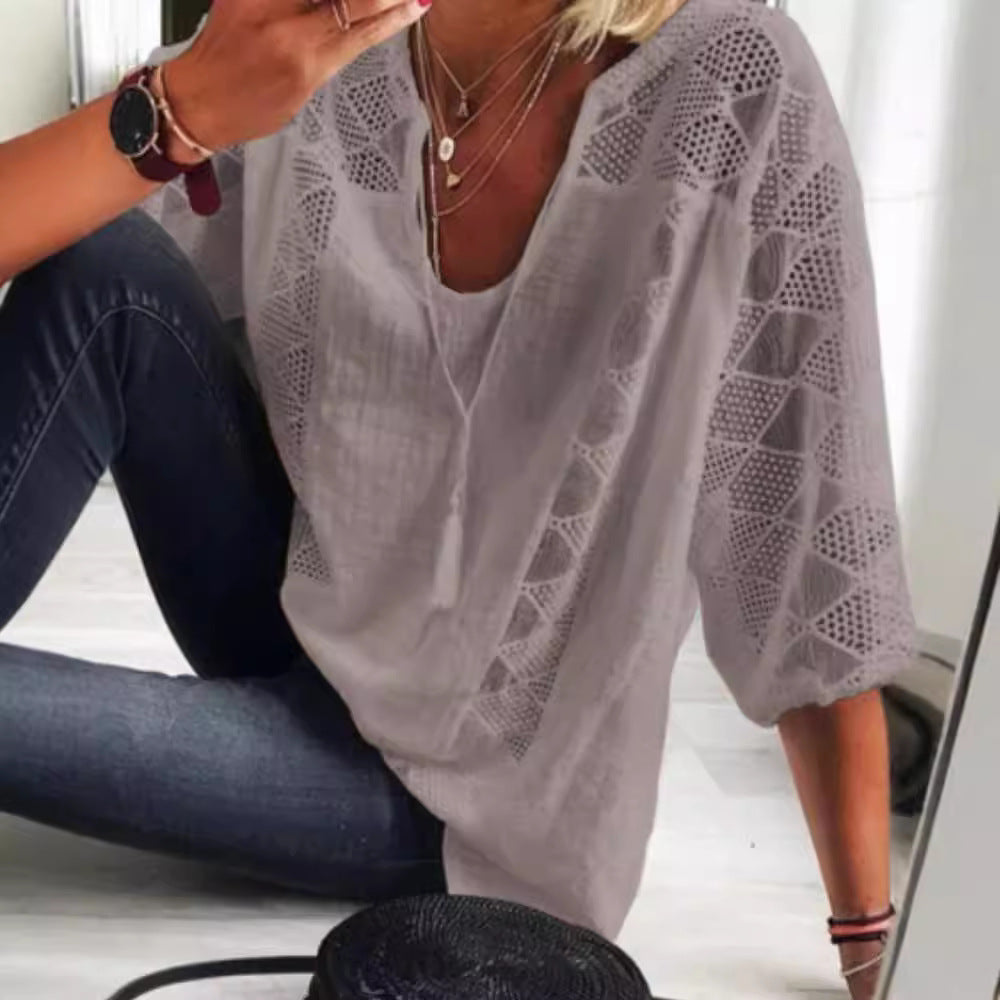 Women's Lace Shirt Stitching Collar T-shirt Blouses