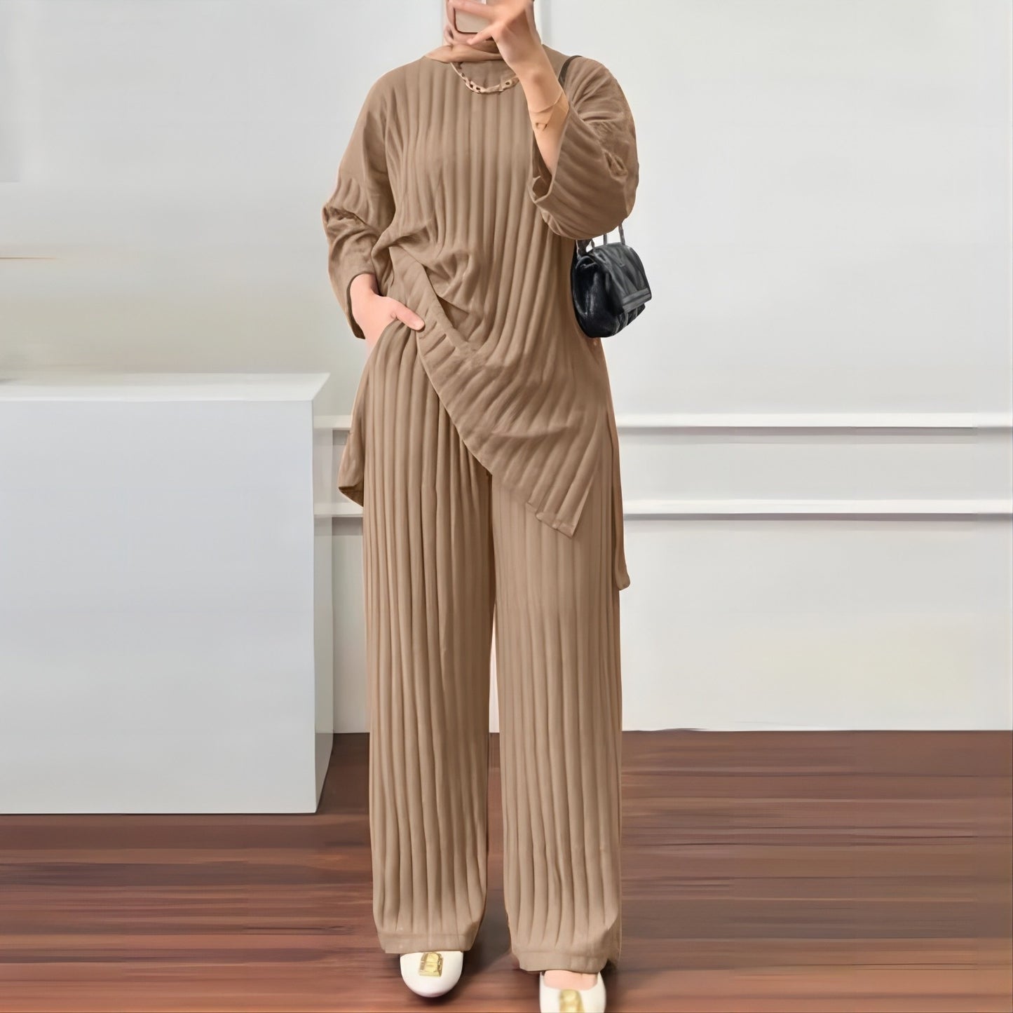 Women's Long Sleeve Wide Leg Solid Color Casual Suits