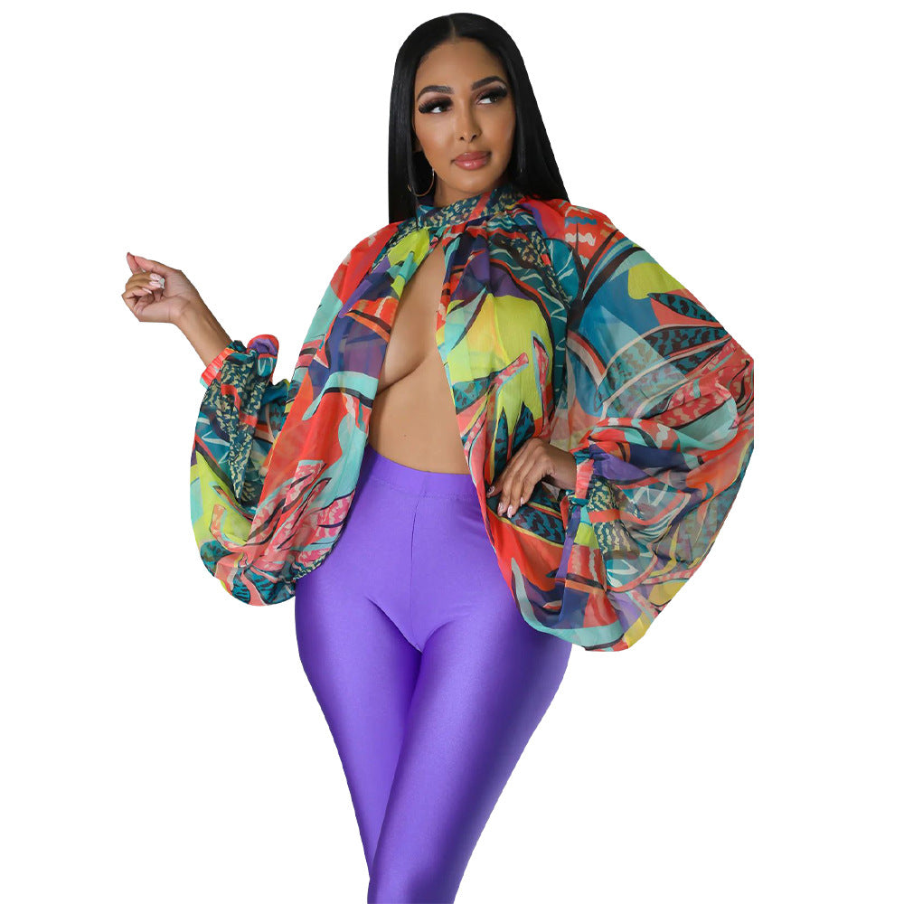 Women's Lace Printing Chiffon Shirt Batwing Sleeve Blouses