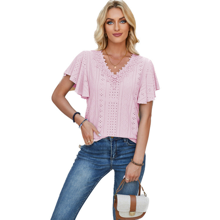 Women's Lace Ruffle Solid Color Loose T-shirt Blouses