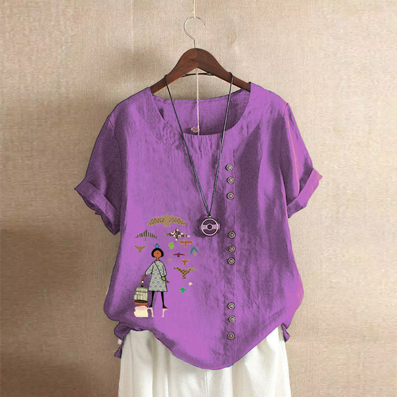 Women's Retro Cotton Linen Printed Casual Shirt Blouses