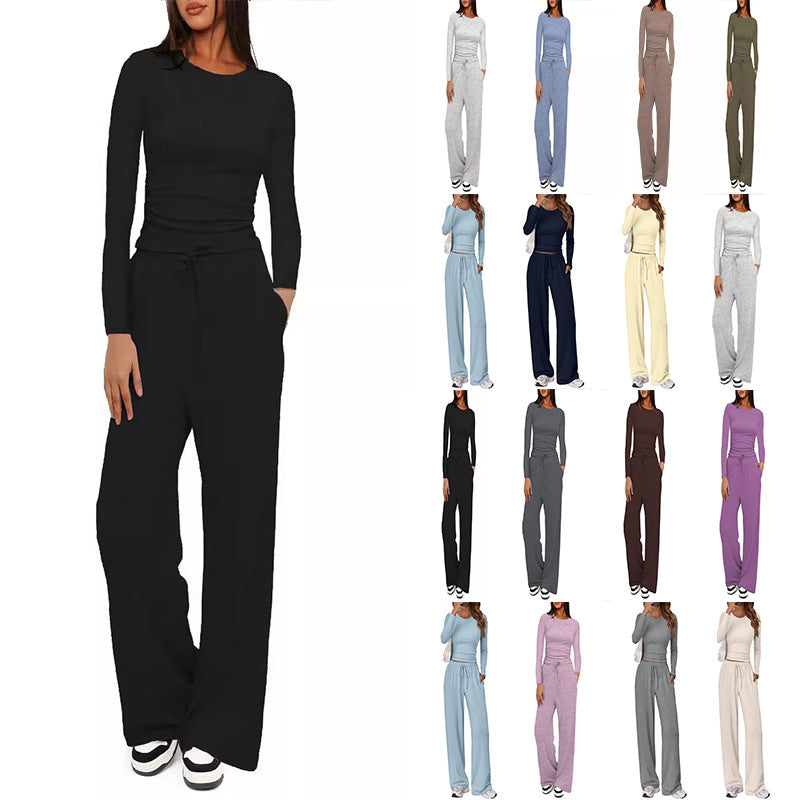 Women's Color Pleated High Waist Wide Leg Fashion Casual Suit