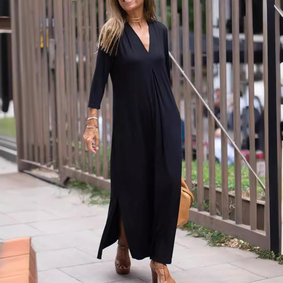 Solid Color Three-quarter Sleeve Knitted Long Dress