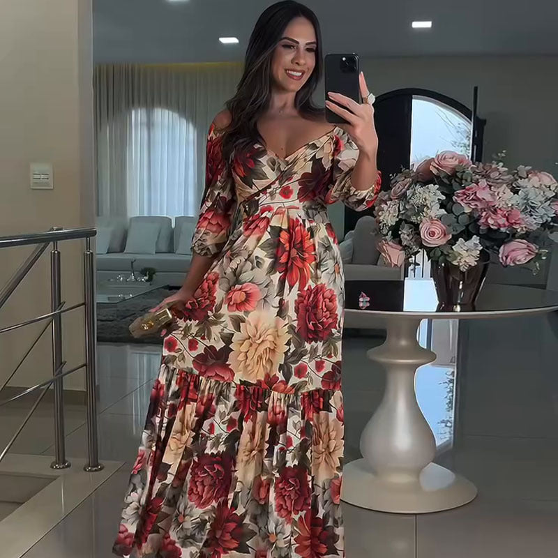 Women's Autumn Elegant Fashion Printed Half Sleeve Large Dresses