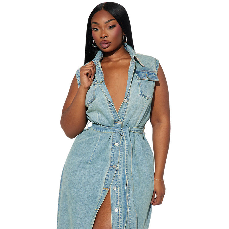 Women's Lapel Sleeveless Denim Long Lace Up Dresses