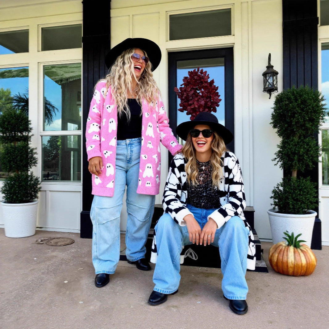 Women's Halloween Ghost Pattern Mid-length Knitted Loose Sweaters