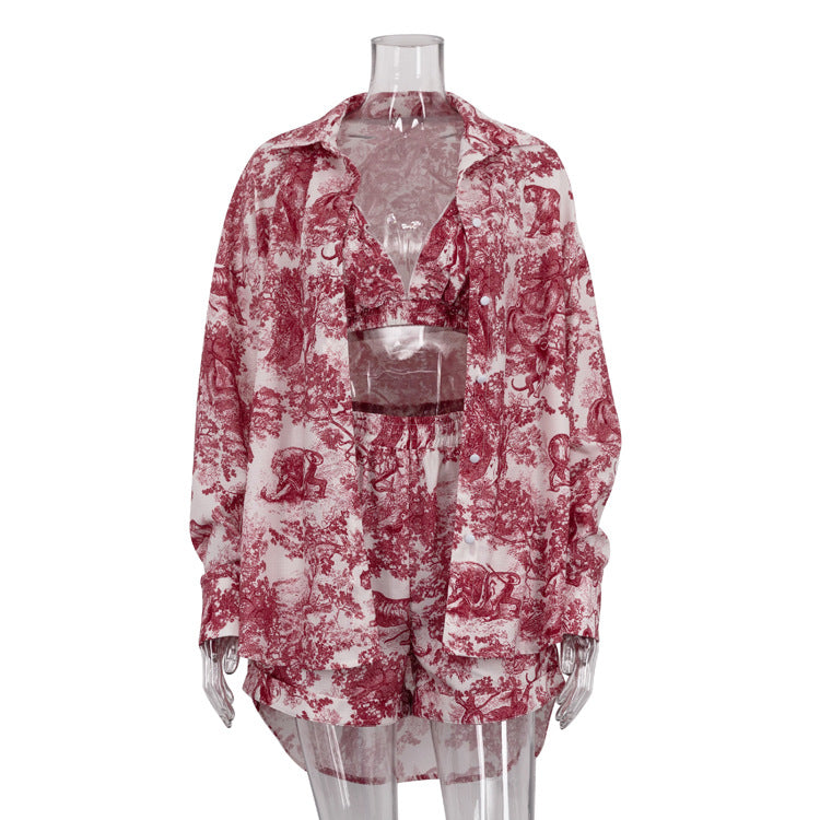 Women's Shirt Suspender National Style Ink Printing Fashion Suits