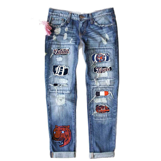 Women's Fashion Printed Ripped Trousers Slimming Jeans