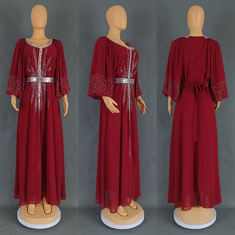 Women's Rhinestone Dress Chiffon Puff Sleeve Containing Dresses