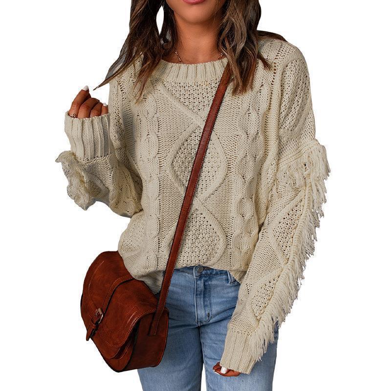 Women's Rhombus Tassel Solid Color Pullover Round Neck Sweater