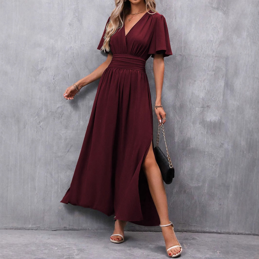 Women's Elegant Flying Sleeves Back Waist Smocking High Slit Clothing
