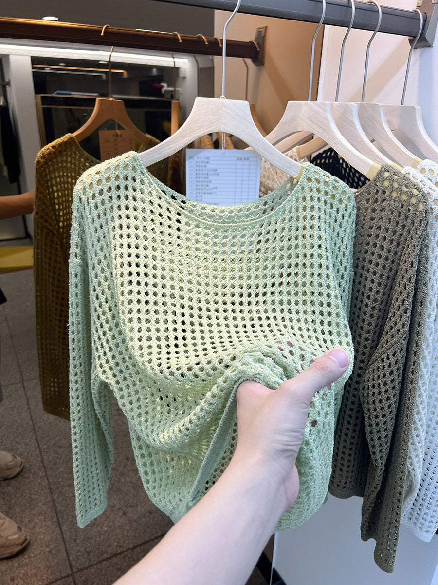 Women's Goods Long Sleeve Hollow Knitted Mesh Shirt Smock Outer Tops