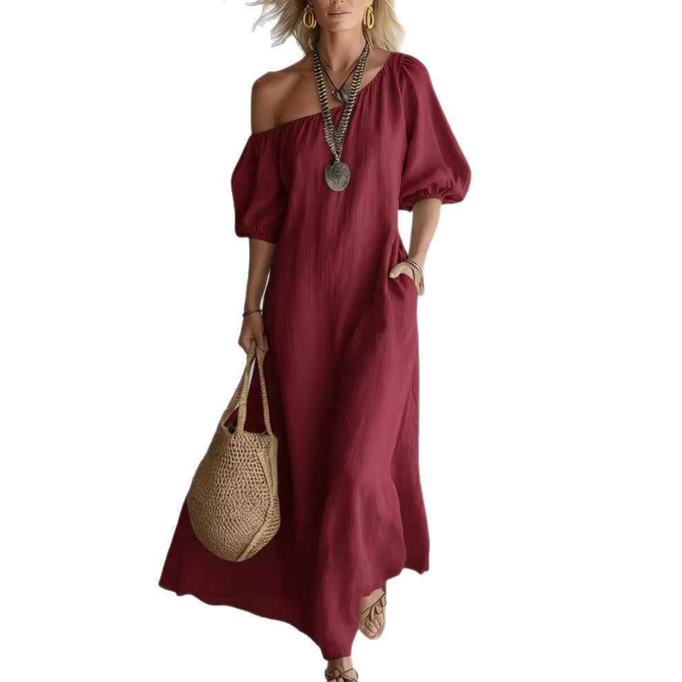 Women's Color Loose Shoulder High-grade Retro Long Cotton Dress