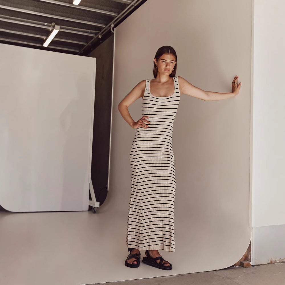 Women's Striped Contrast Color Beach Vacation Sexy Dress Knitted Dresses