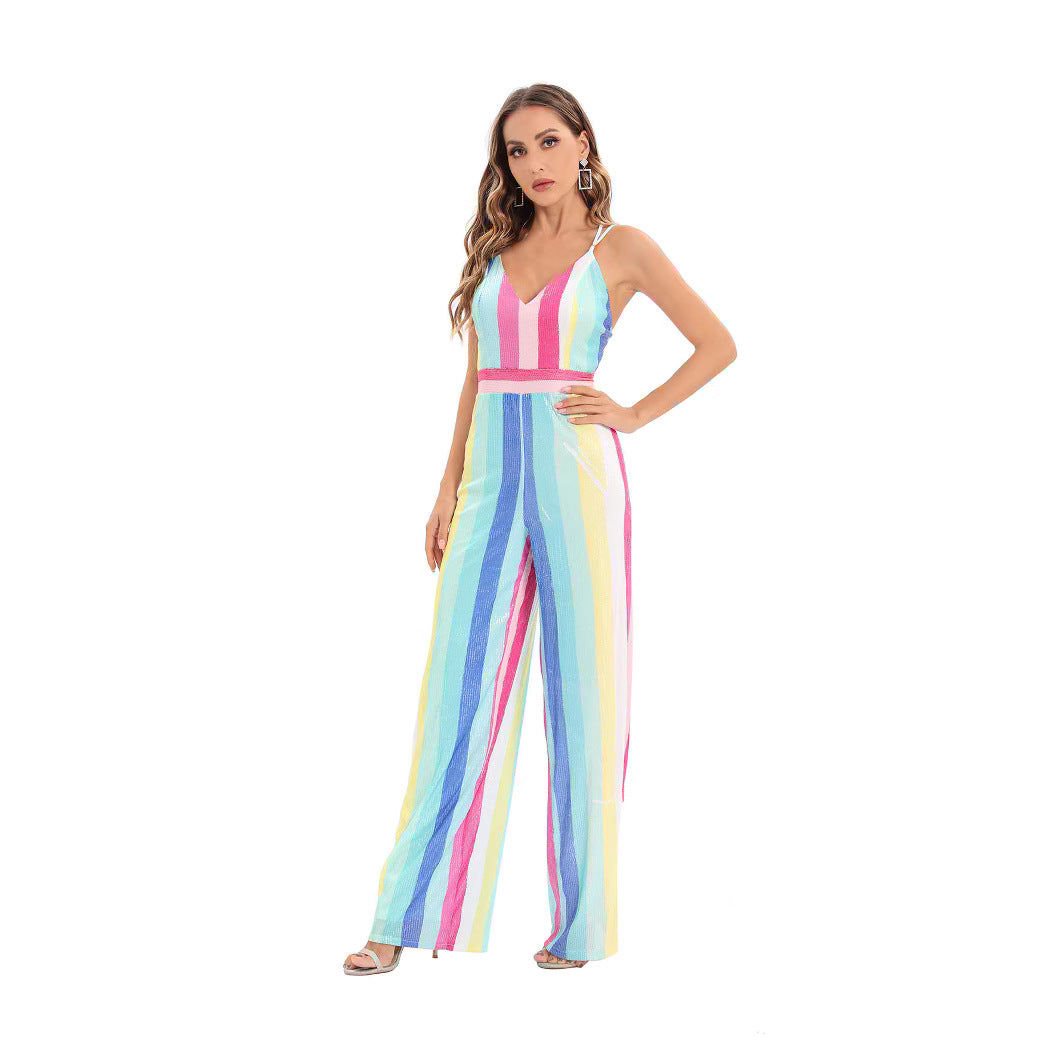 Women's Striped Sequined Deep V One-piece Casual Pants