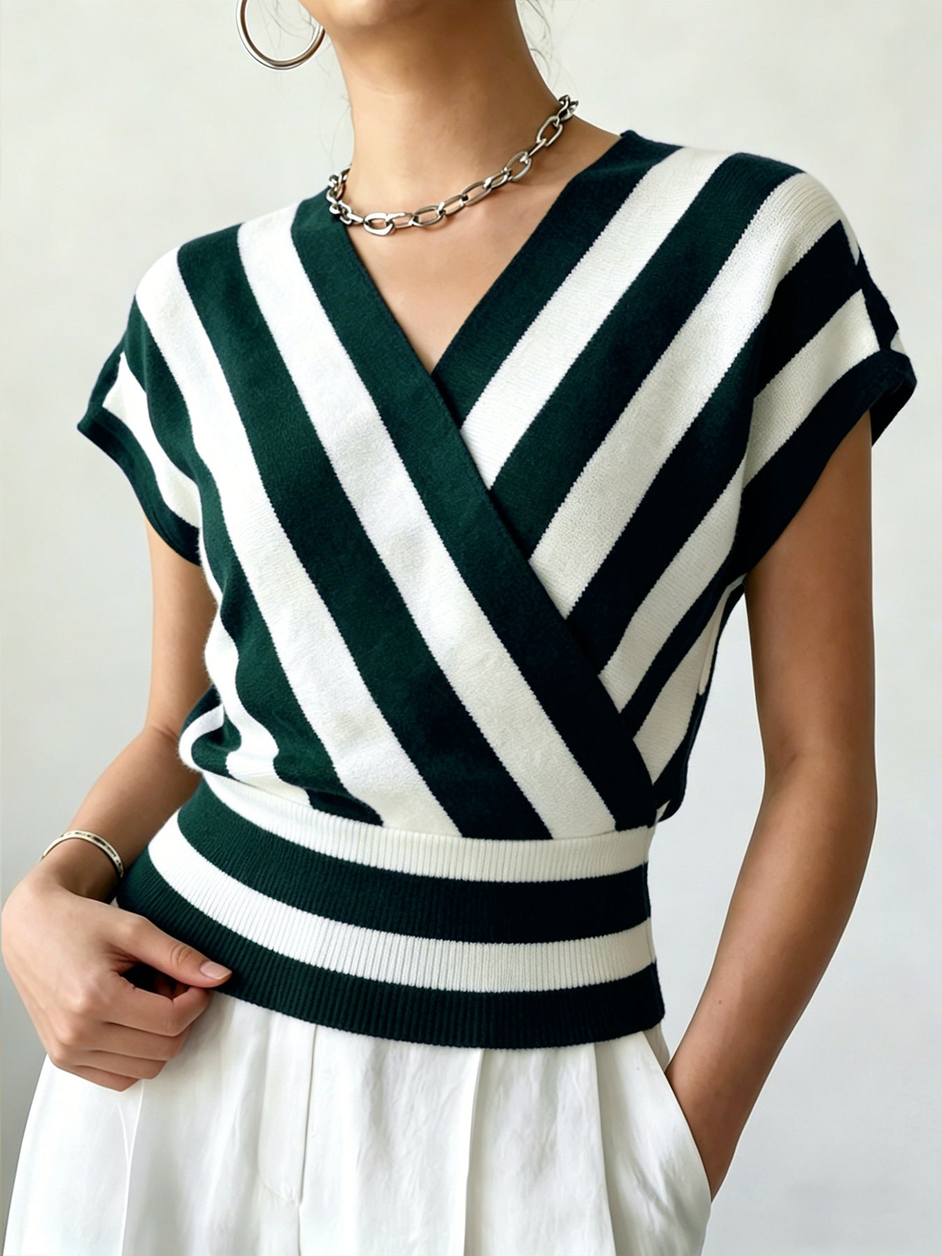 Women's Striped Cross Collar Waist Design Daily Sweaters