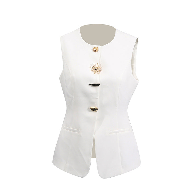 Design Irregular Fashion Round Neck Fastener Decoration Vests