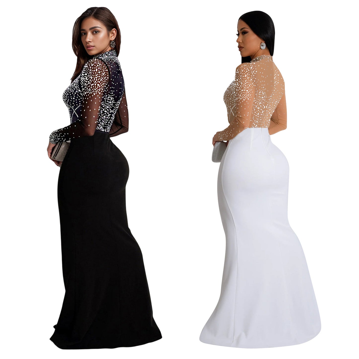 Women's Fashion Wear Rhinestone Split Long Dress Dresses