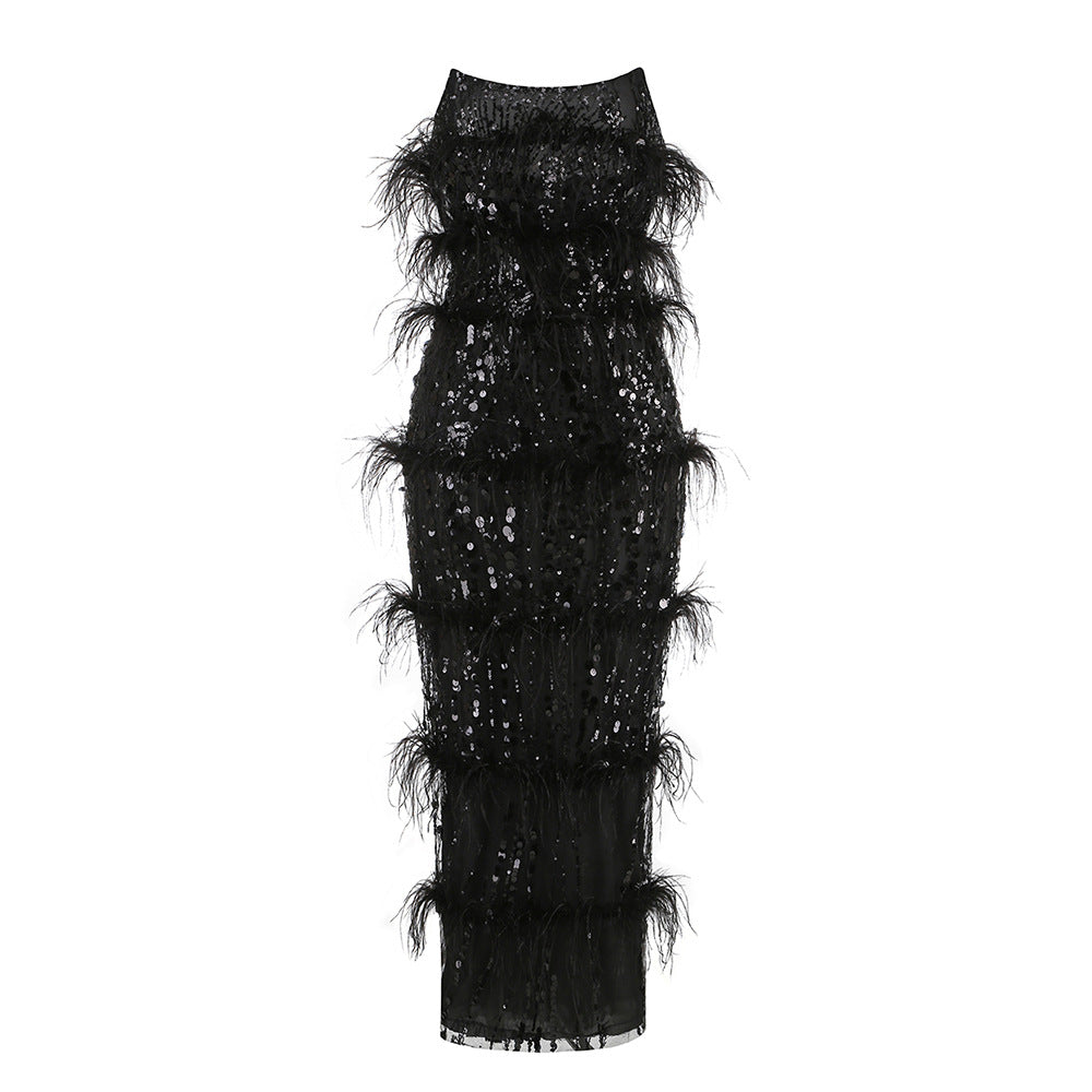 Women's Sexy Ostrich Feather Tube Dress Slim Dresses