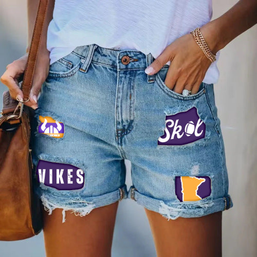 Women's Street Printing Ripped Straight Denim Trousers Jeans